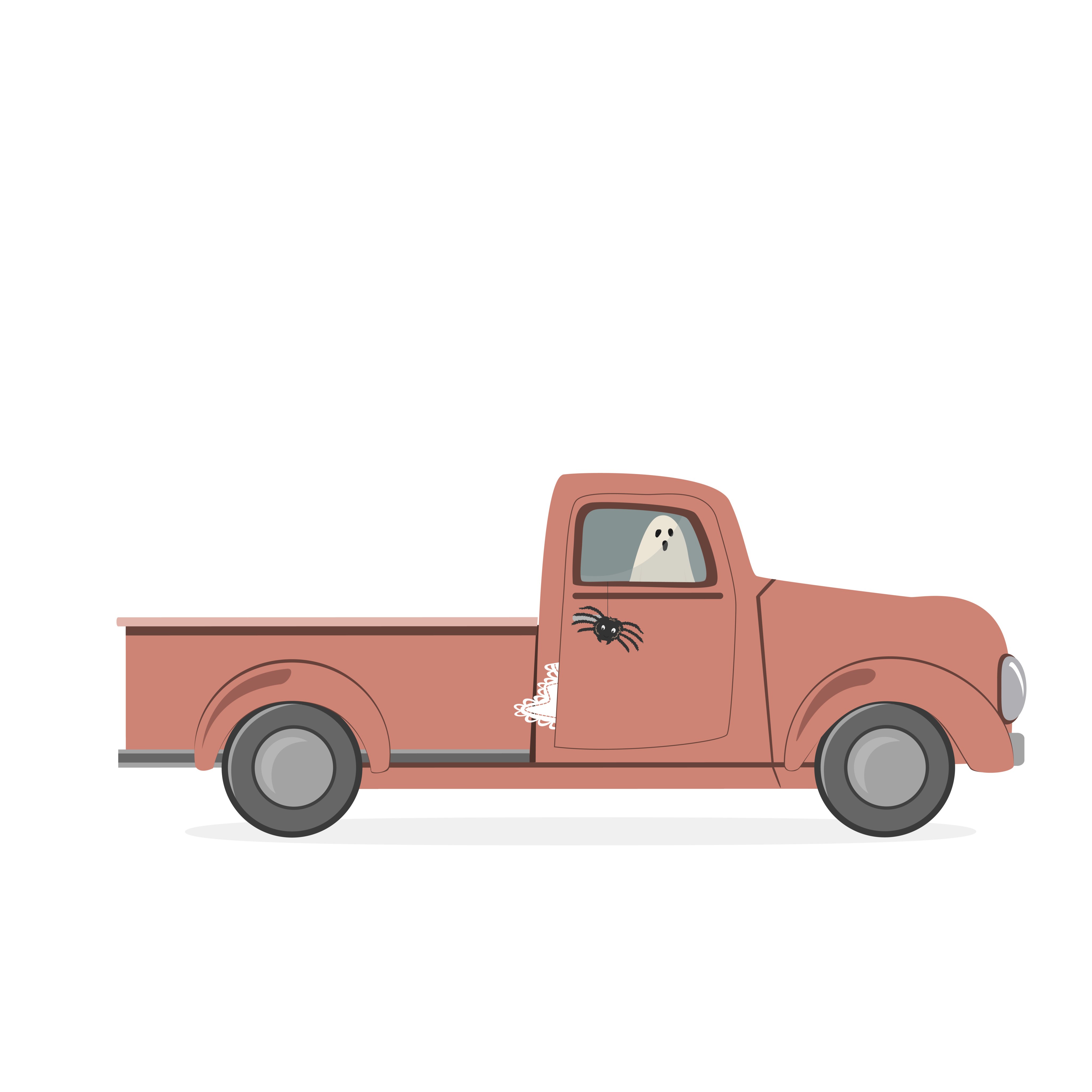 Vehicle with colorful lights driving at night surrounded by silly ghosts