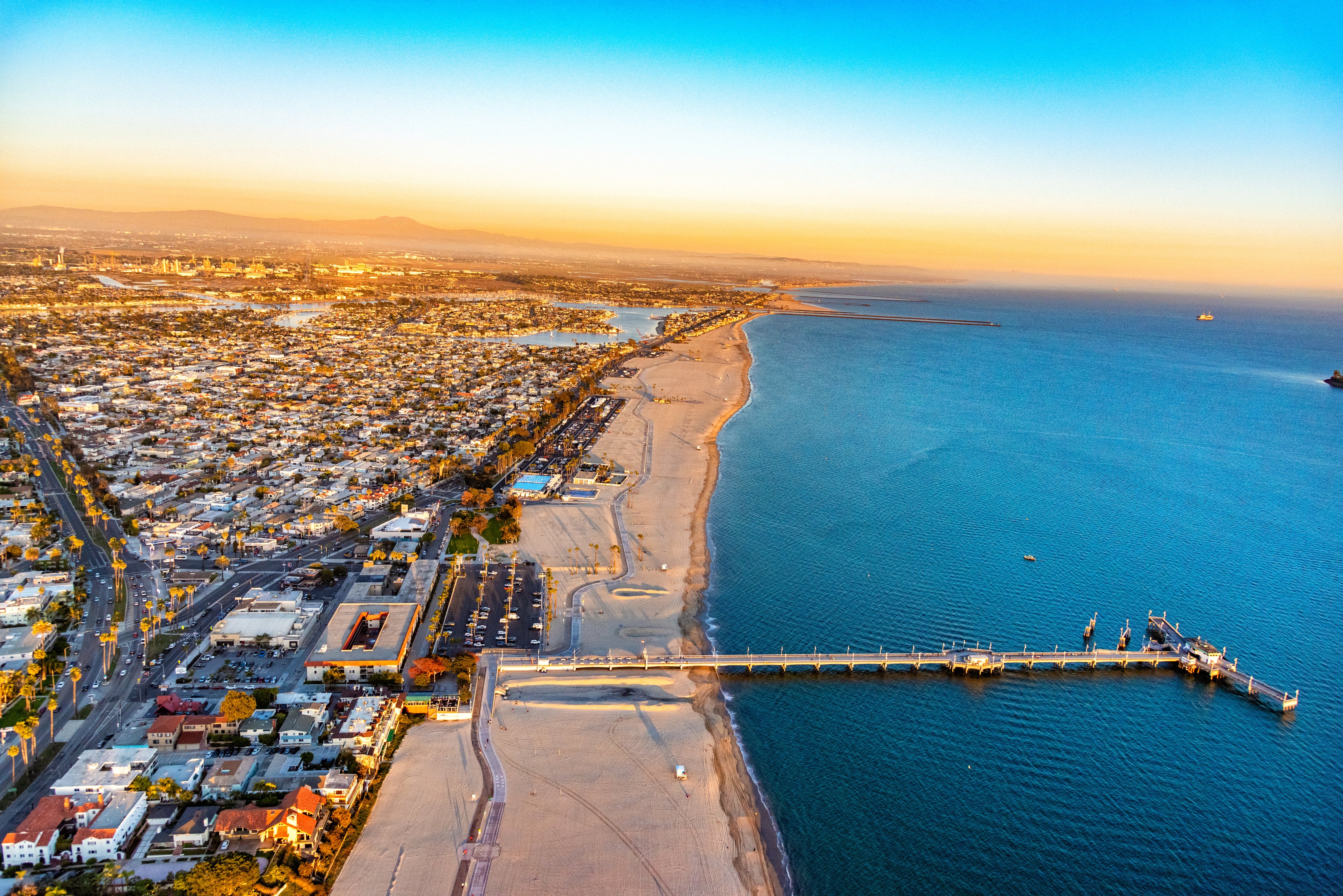 Aerial view of the Long Beach, California coastline