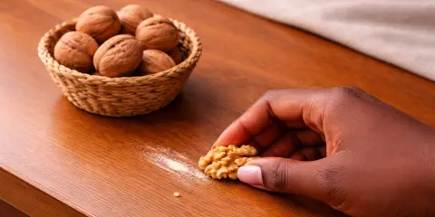 Hands rubbing an open walnut on scratches on a wooden table to help reduce their appearance