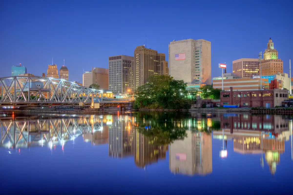 Newark skyline refection on the banks of the Passaic River at night