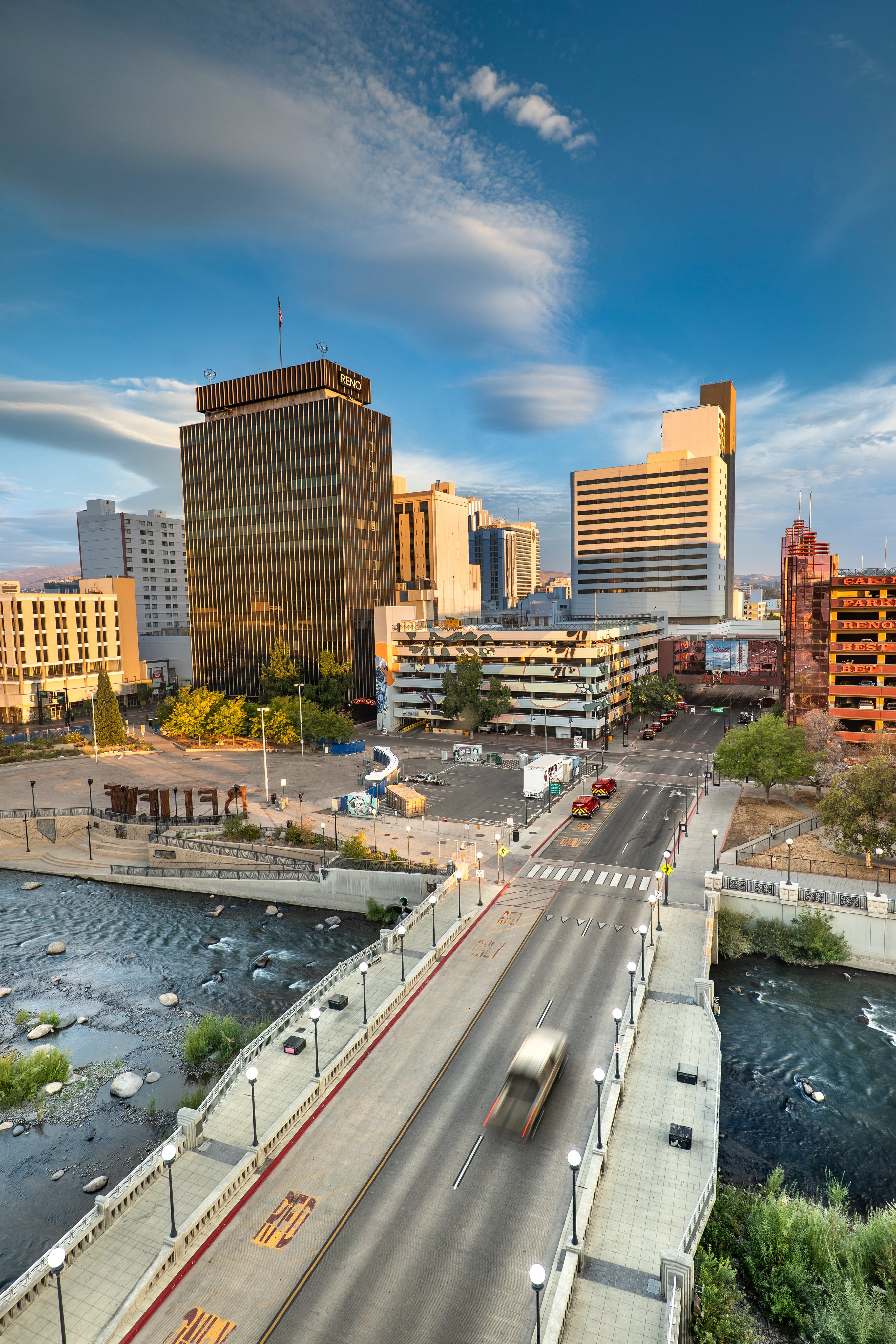 Hotels and gaming casinos downtown in the city of Reno Nevada USA.