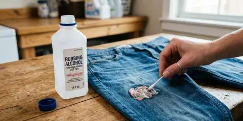 Hand applying rubbing alcohol with a cotton swab to remove a stain from denim jeans on a wooden table