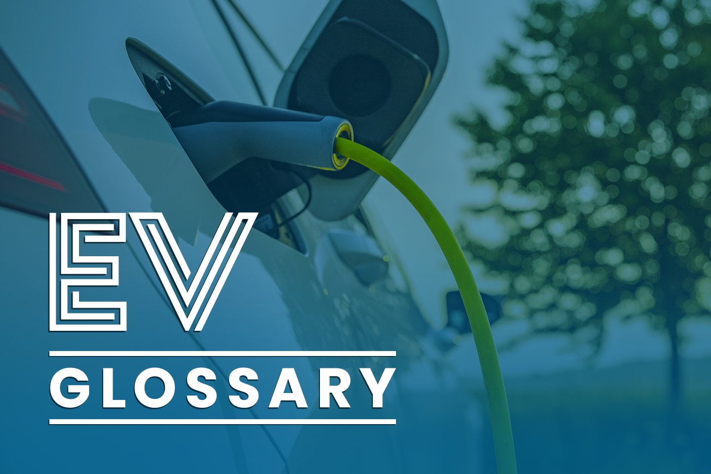 Electric Vehicle being charged with a lush tree in the background