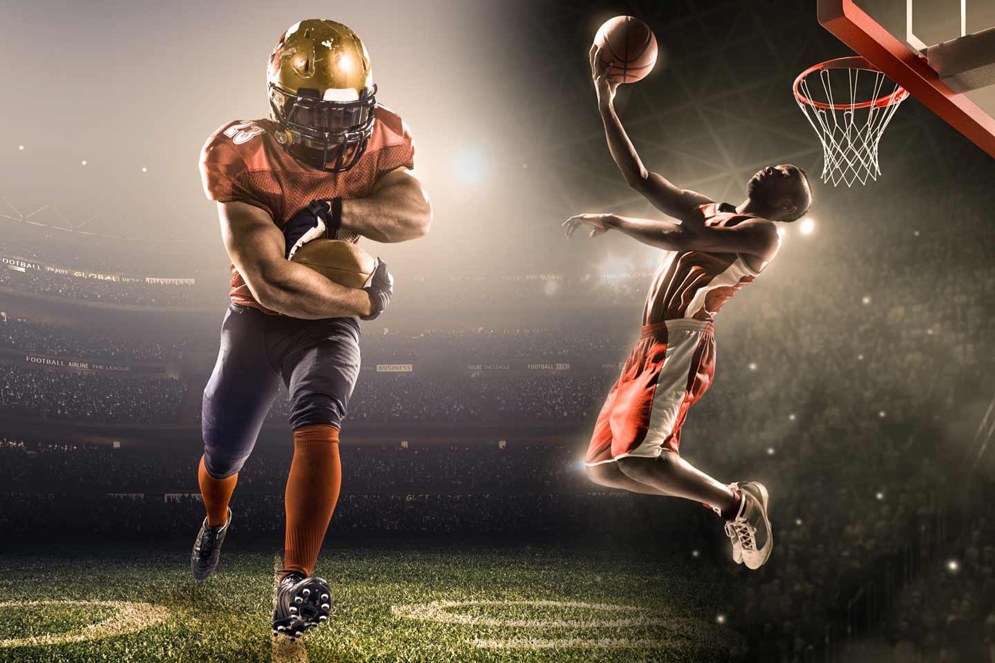 Football player running the ball and a basketball player dunking