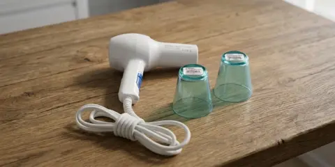 White hair dryer with coiled cord on a wooden table next to two upside-down glass cups with stickers on the bottoms.