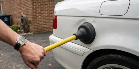 A person uses a plunger to pull a dent out of the rear side panel of a white car parked in a driveway