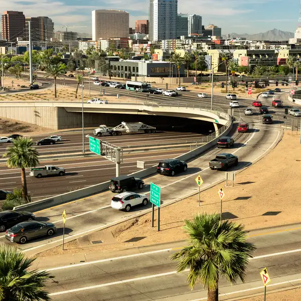 Rush hour traffic jam and cityscape skyline in Arizona