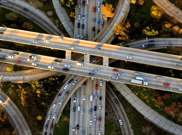 Helicopter aerial view of the famous Los Angeles freeway interchange