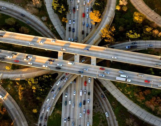 Helicopter aerial view of the famous Los Angeles freeway interchange