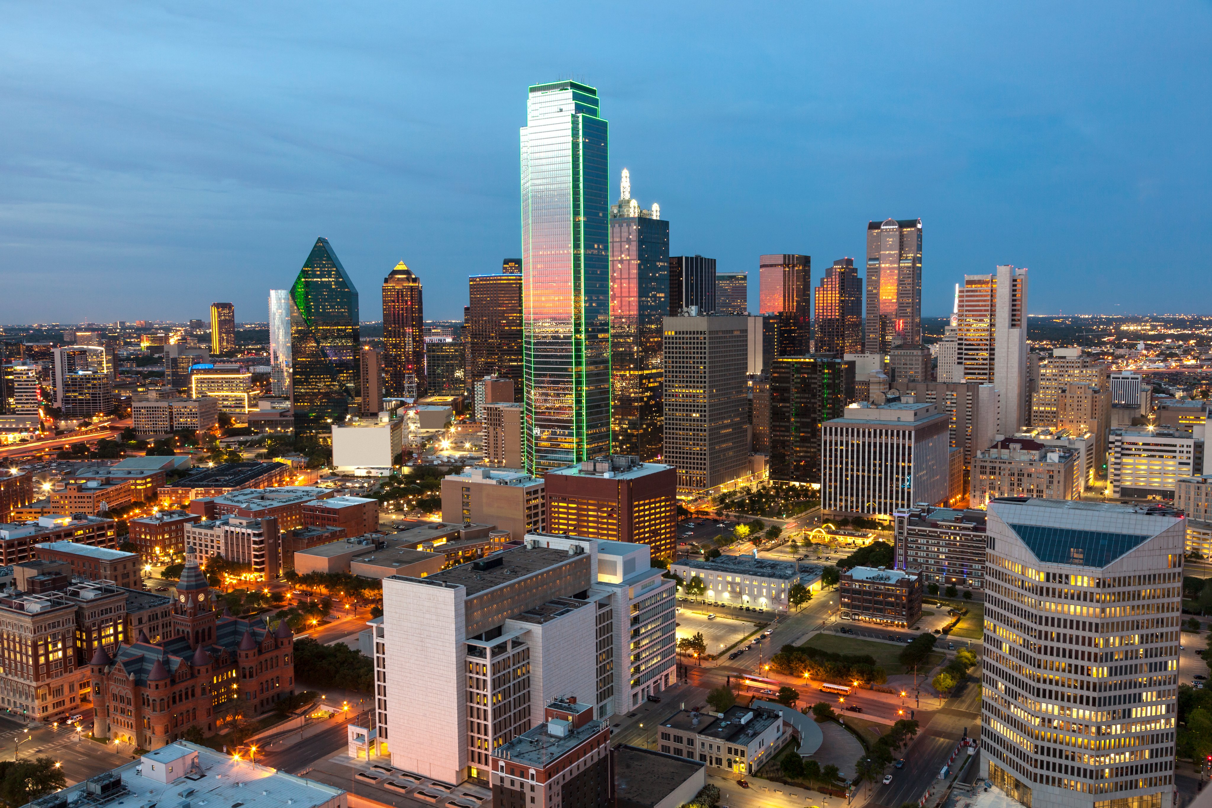 View over the Dallas downtown district illuminated at night