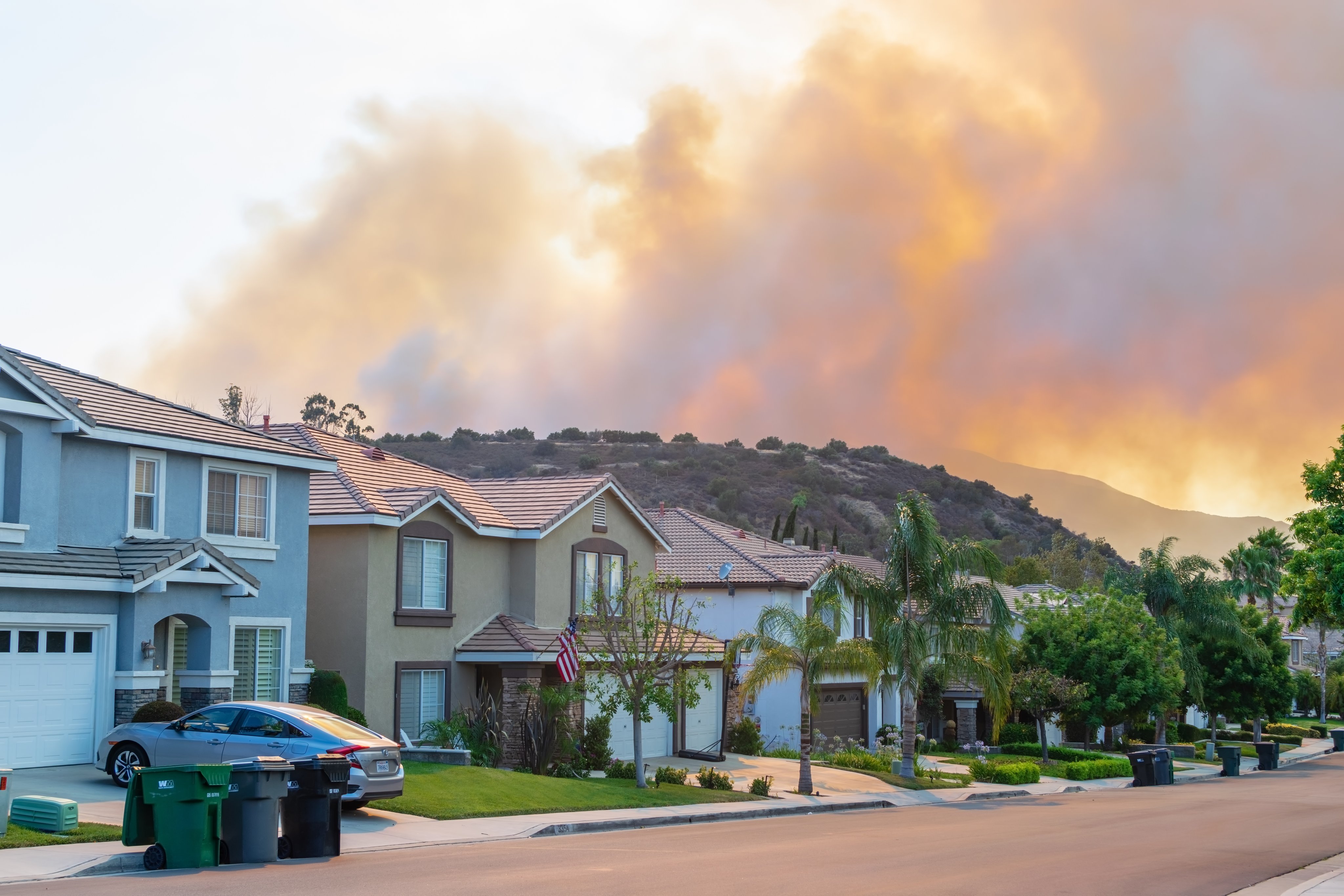 A wildfire burns and smoke rises in the forest near homes on the south city border close to the Cleveland National Forest