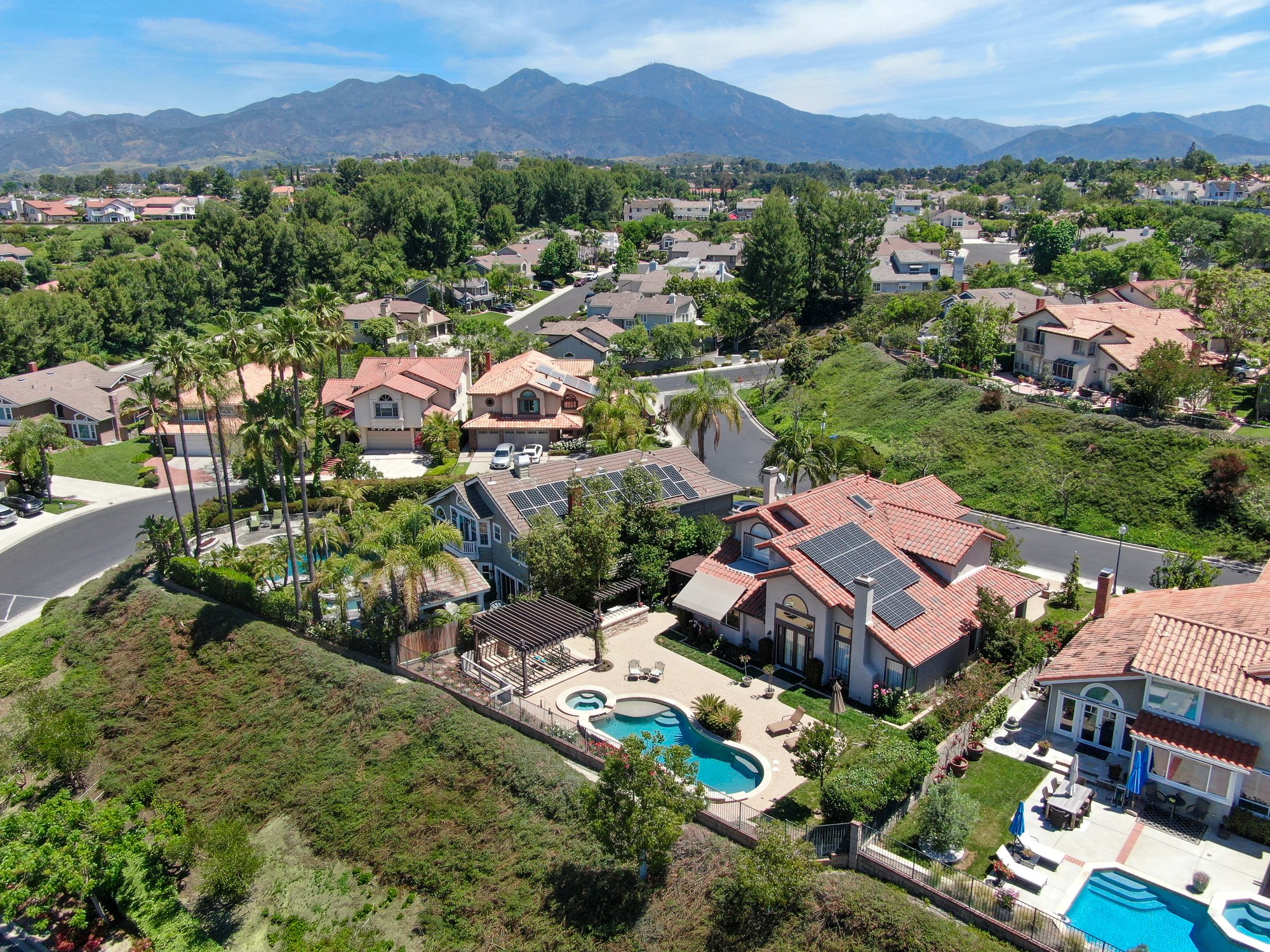 Aerial view of California house and backyard