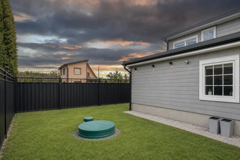 A serene backyard featuring a lush green lawn, metal fence, and modern residential architectural elements under a partly cloudy sky
