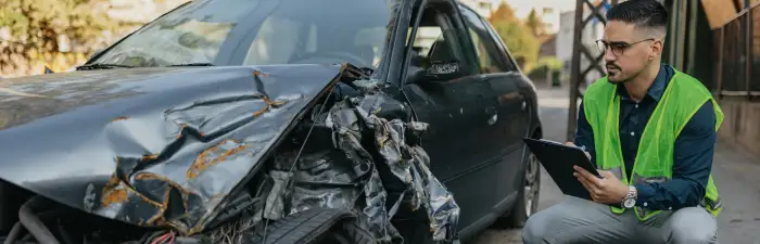 A seasoned insurance agent, a man with decades of expertise, conducts a thorough inspection of a wrecked car after a traffic accident