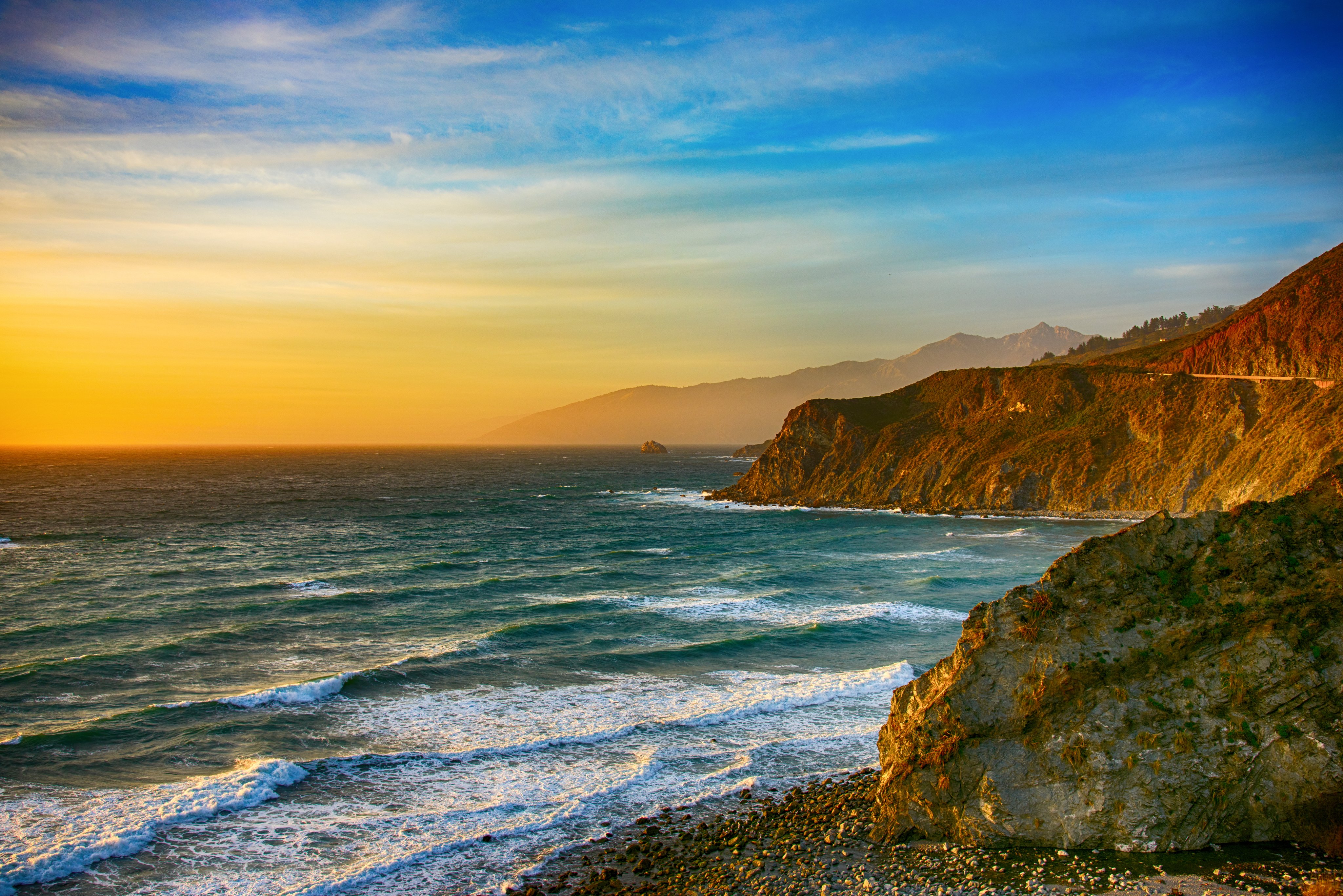 The beautiful and unique coastline of central California near Big Sur along US 1 at dusk.