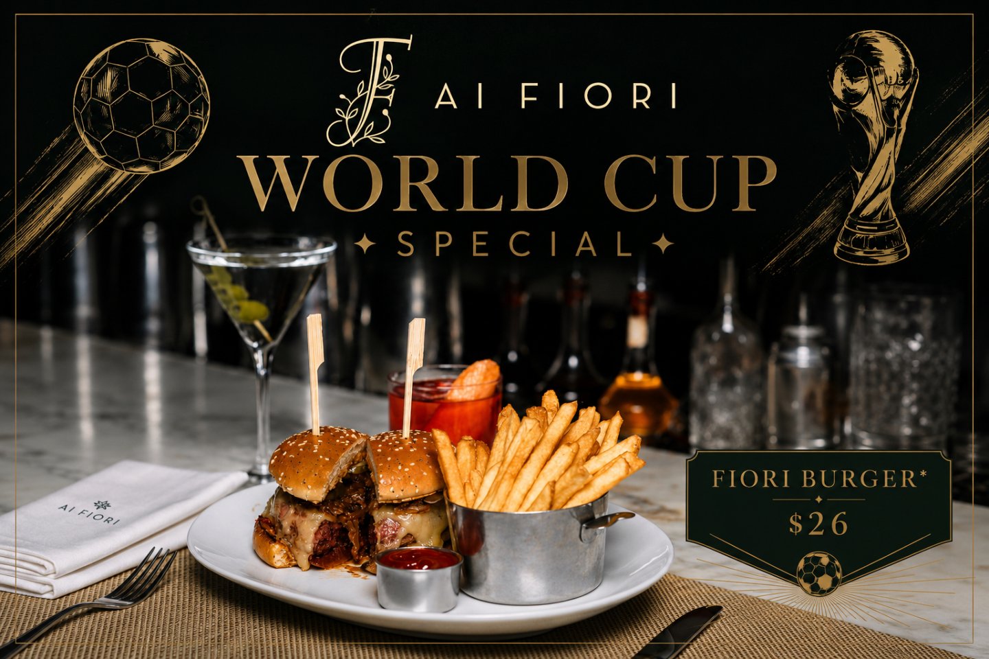 A gourmet burger and fries served on a marble bar top at Ai Fiori. The burger features a prime brisket blend topped with melted fontina, caramelized onions, smoked tomato, and pickles on a sesame seed bun, served alongside crispy fries and cocktails in the background. The image is styled with elegant World Cup-inspired gold graphics and luxury sports-bar aesthetics.