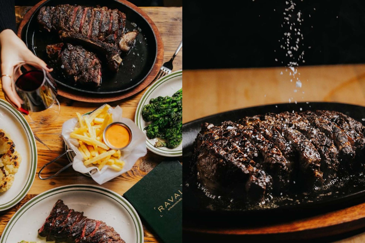 A split image shows grilled steak on plates; the left side features a meal with fries, greens, and a hand holding a glass of red wine, while the right side shows steak being sprinkled with salt on a wooden table.
