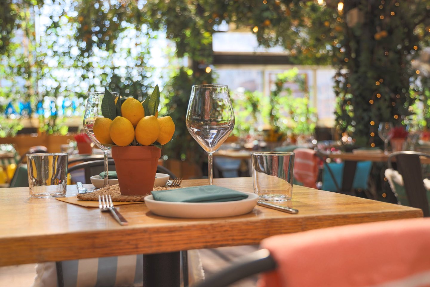 A sunlit restaurant table is set with plates, glasses, cutlery, and napkins. A centerpiece with yellow lemons in a clay pot sits in the middle. Greenery and string lights decorate the background.