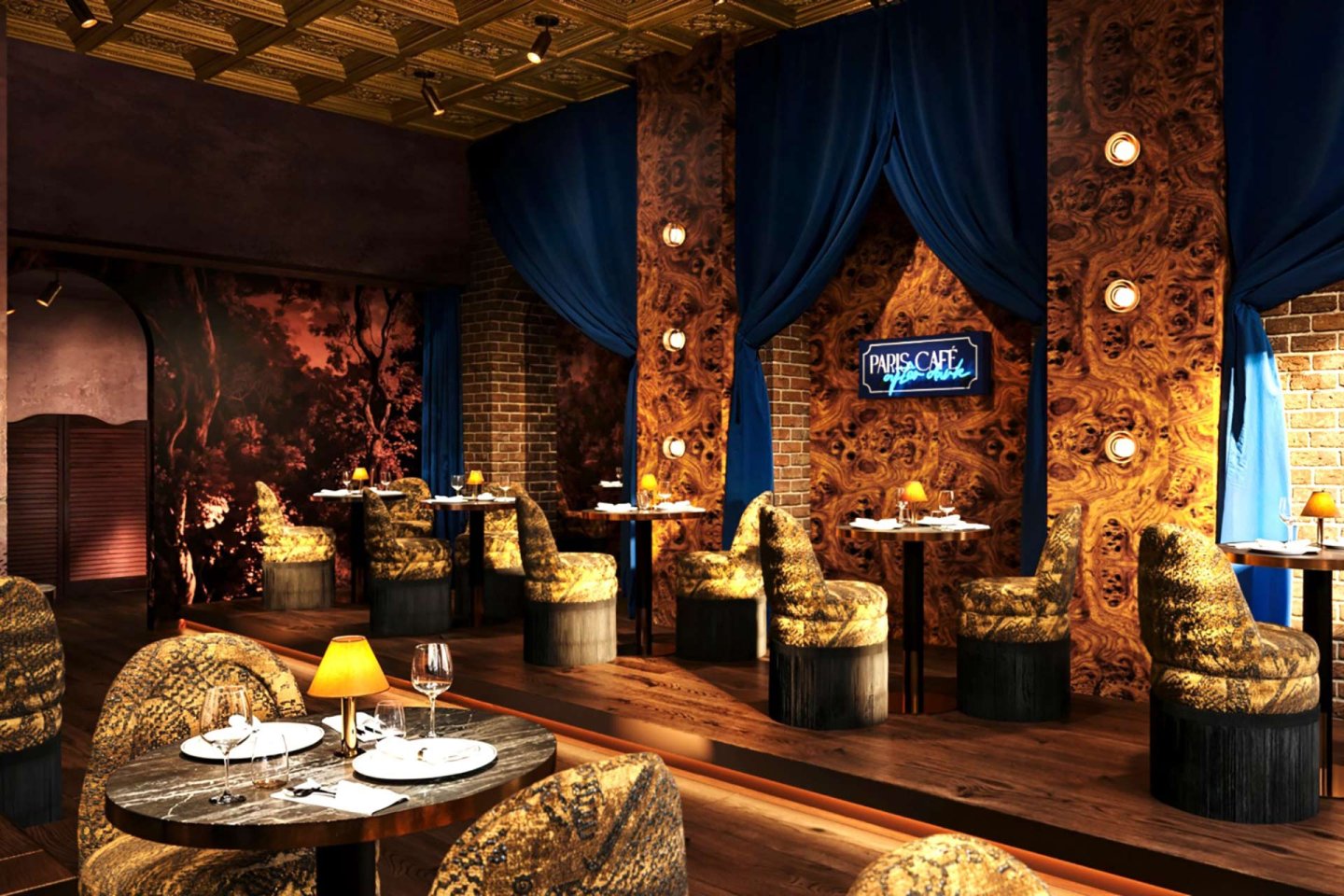 A stylish restaurant interior with patterned chairs, round tables set with plates and glasses, warm lighting, blue drapes, wood-paneled walls, and a neon sign reading "PARIS CAFÉ" on the back wall.