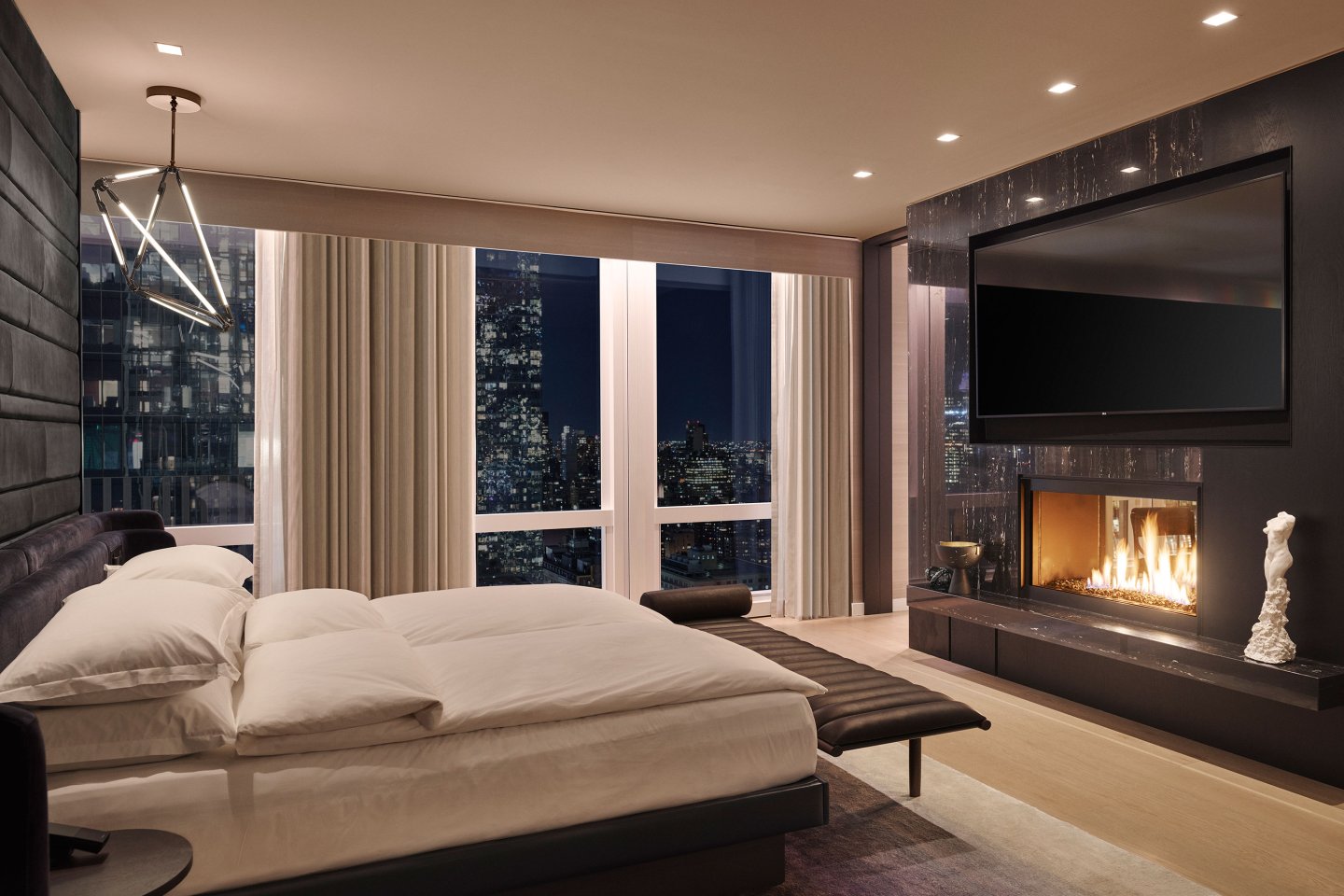 bedroom fireplace in Equinox Hotel in Hudson Yards, NYC