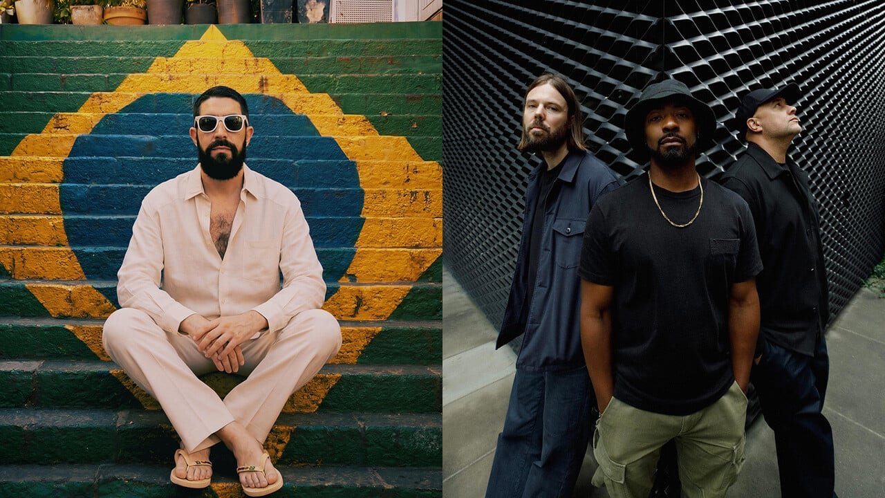 On the left a portrait of Mulú wearing white shirt, pants, and sunglasses while sitting on steps with the brazilian flag painted on them. On the right a group photo of the three members of Keys N Krates