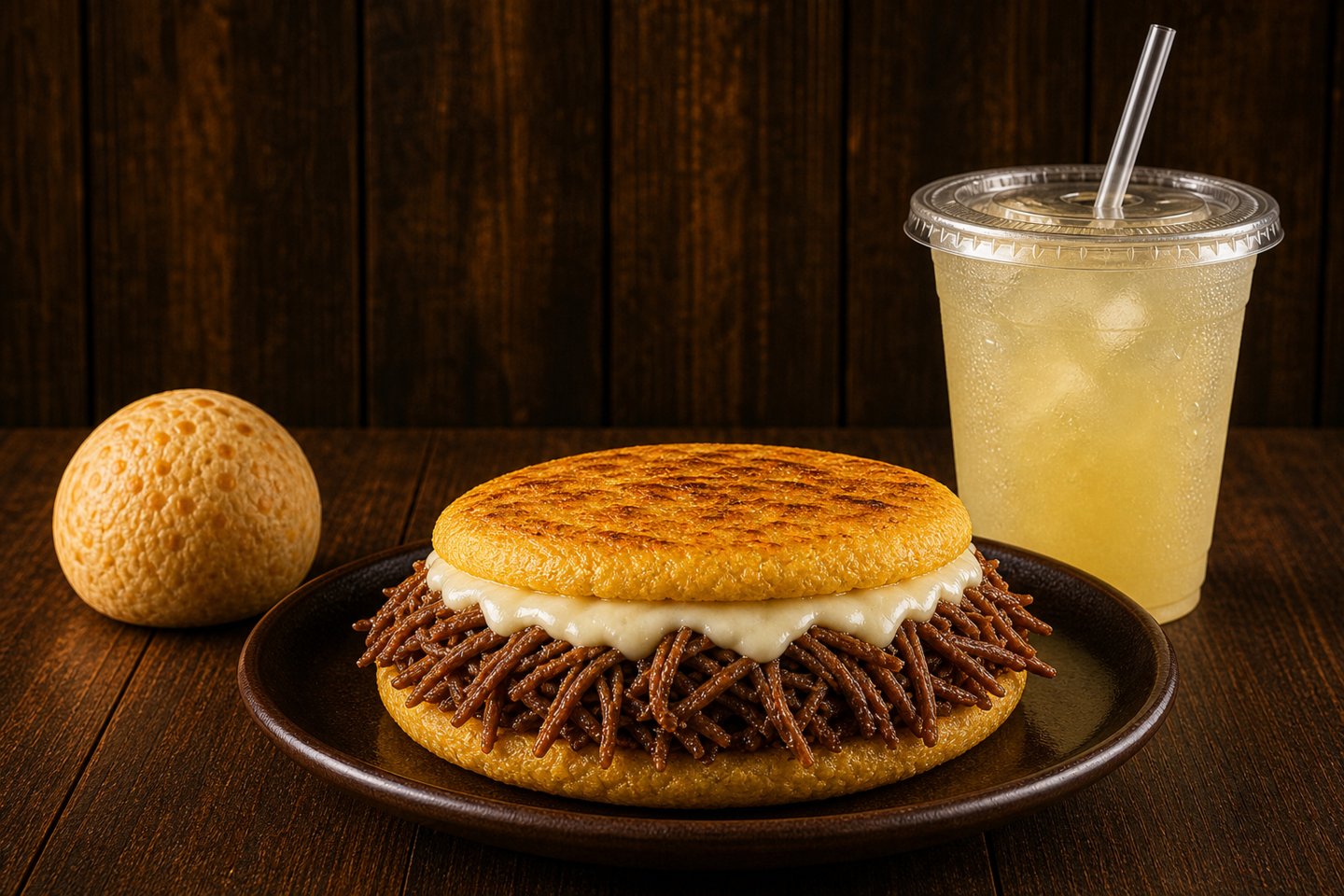 Colombian arepa topped with shredded beef, served with cheese bread and Colombian lemonade at Romeo and Juliet Colombian Coffee in Manhattan.