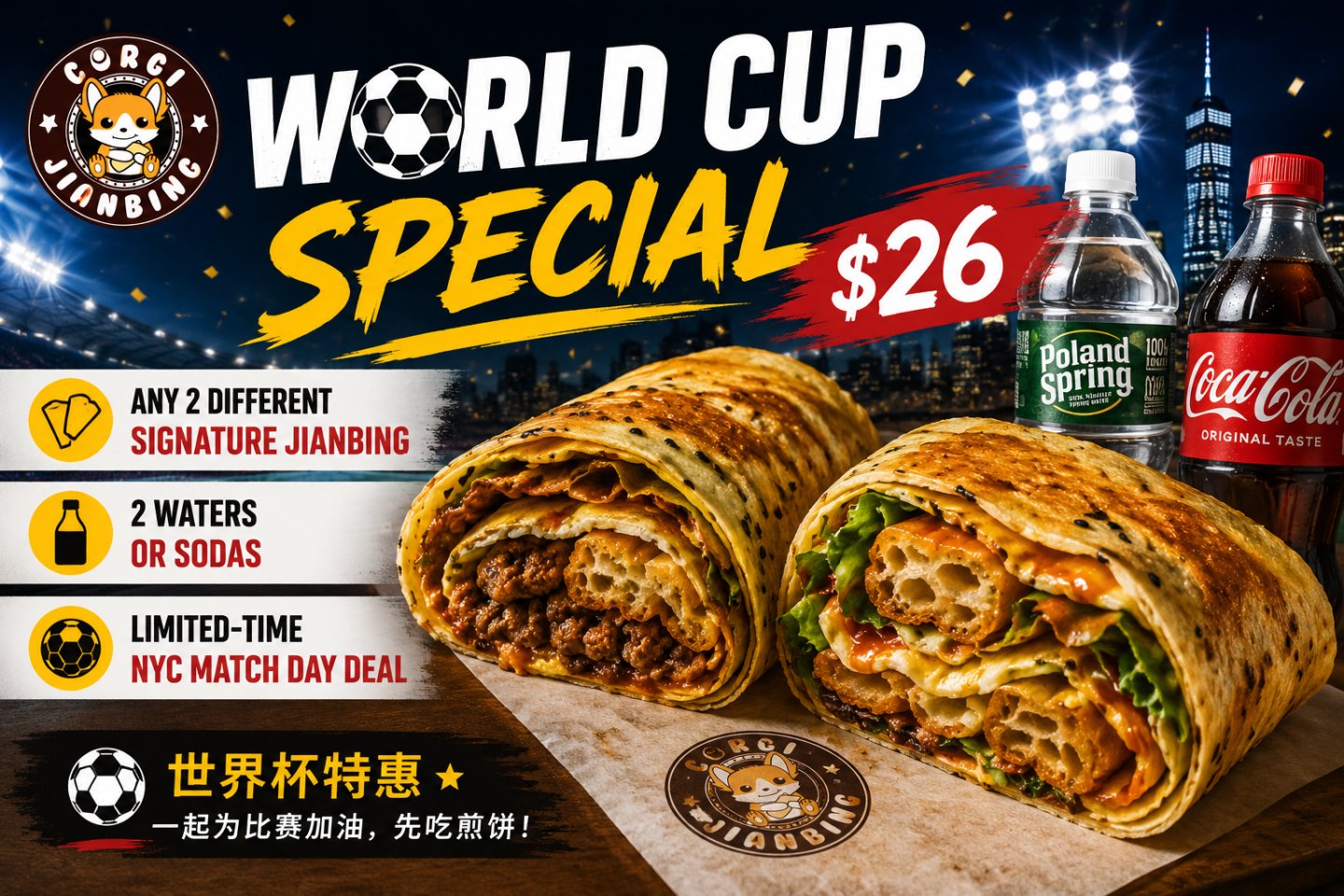 Two signature Chinese jianbing wraps served with bottled water and soda as part of a World Cup special promotion in New York City.