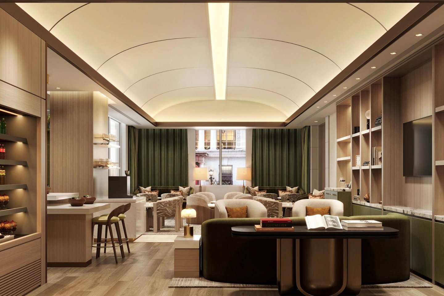 Modern, spacious living room with arched ceiling, wood floors, sleek shelves, cozy seating, and green curtains. Warm lighting, decorative accents, and a large window create a welcoming, elegant atmosphere.