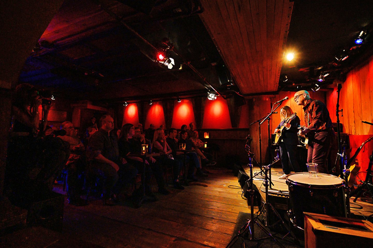 Band playing to public inside Rockwood Music Hall in Lower East Side, NYC