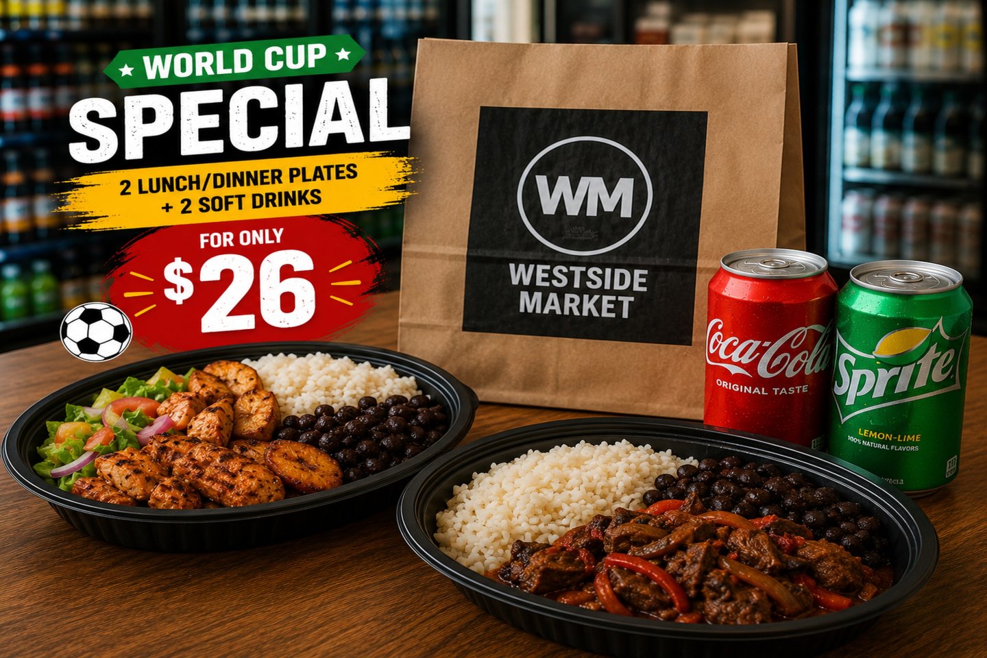 World Cup Special promotion at Westside Market featuring two freshly prepared lunch or dinner plates served in black oval containers, two soft drinks, and a branded Westside Market takeout bag. The meal deal is displayed on a wooden table inside a supermarket with beverage coolers in the background. Promotional text highlights “2 Lunch/Dinner Plates + 2 Soft Drinks for $26” as part of a World Cup-themed special offer.