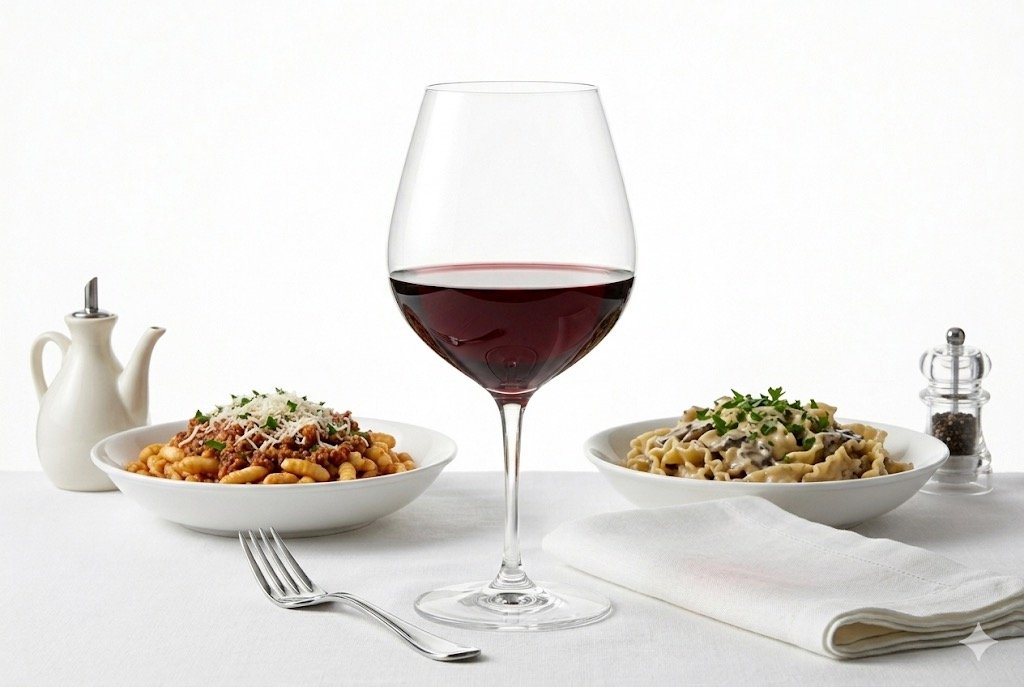 A centered, large glass of red wine is flanked by two pasta on white table cloth. A white pitcher, a pepper mill, a fork, and a folded napkin complete the clean, brightly lit table setting against a white backround