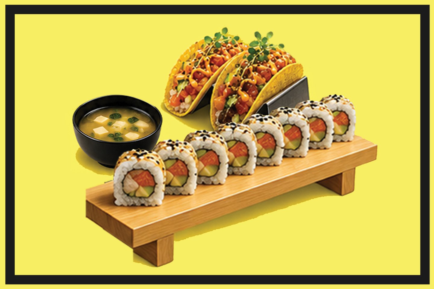 Sushi Taco World Cup 2026 special menu in New York City with sushi tacos, sushi roll, and miso soup.