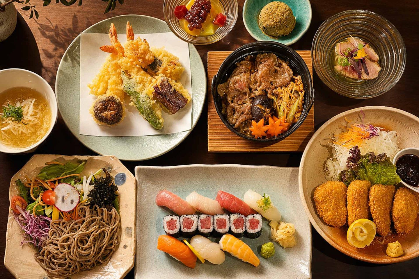 A Japanese meal spread with sushi, soba noodles, tempura, croquettes, soup, grilled meat, salad, and assorted desserts on various plates and bowls, arranged neatly on a wooden table.