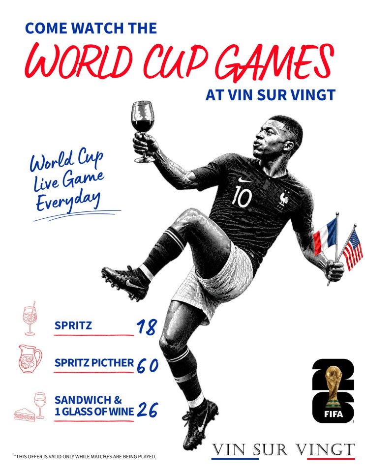 Vin Sur Vingt World Cup watch party flyer promoting live soccer matches, wine, cocktails, and food specials in New York, including Spritz at $18, Spritz pitchers at $60, and a sandwich with a glass of wine for $26.