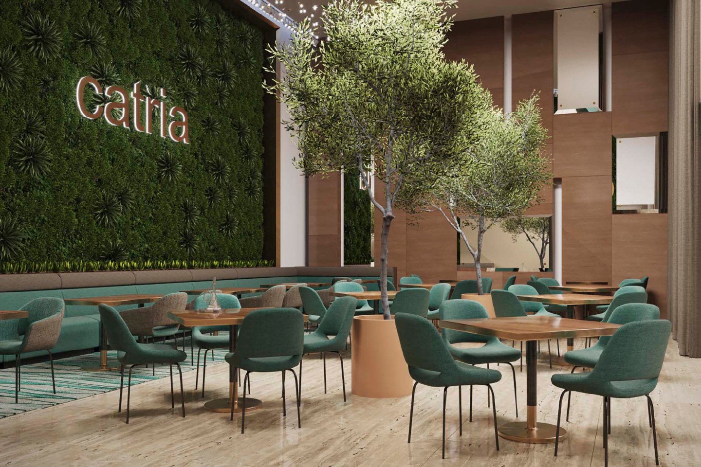 Modern cafe interior featuring a green wall with the sign "cafita," teal upholstered chairs, and wooden tables. Potted trees add a natural touch to the open, airy space with light marble flooring and neutral curtains.