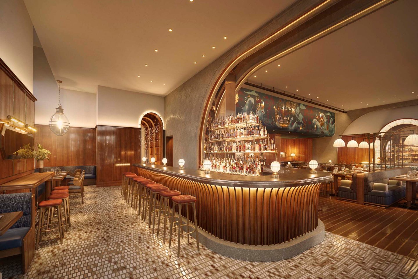 A stylish, modern bar with a curved wooden counter, high stools, mosaic tile floor, warm lighting, and elegant seating areas. The decor features wood accents, arched details, and a large mural behind the bar.