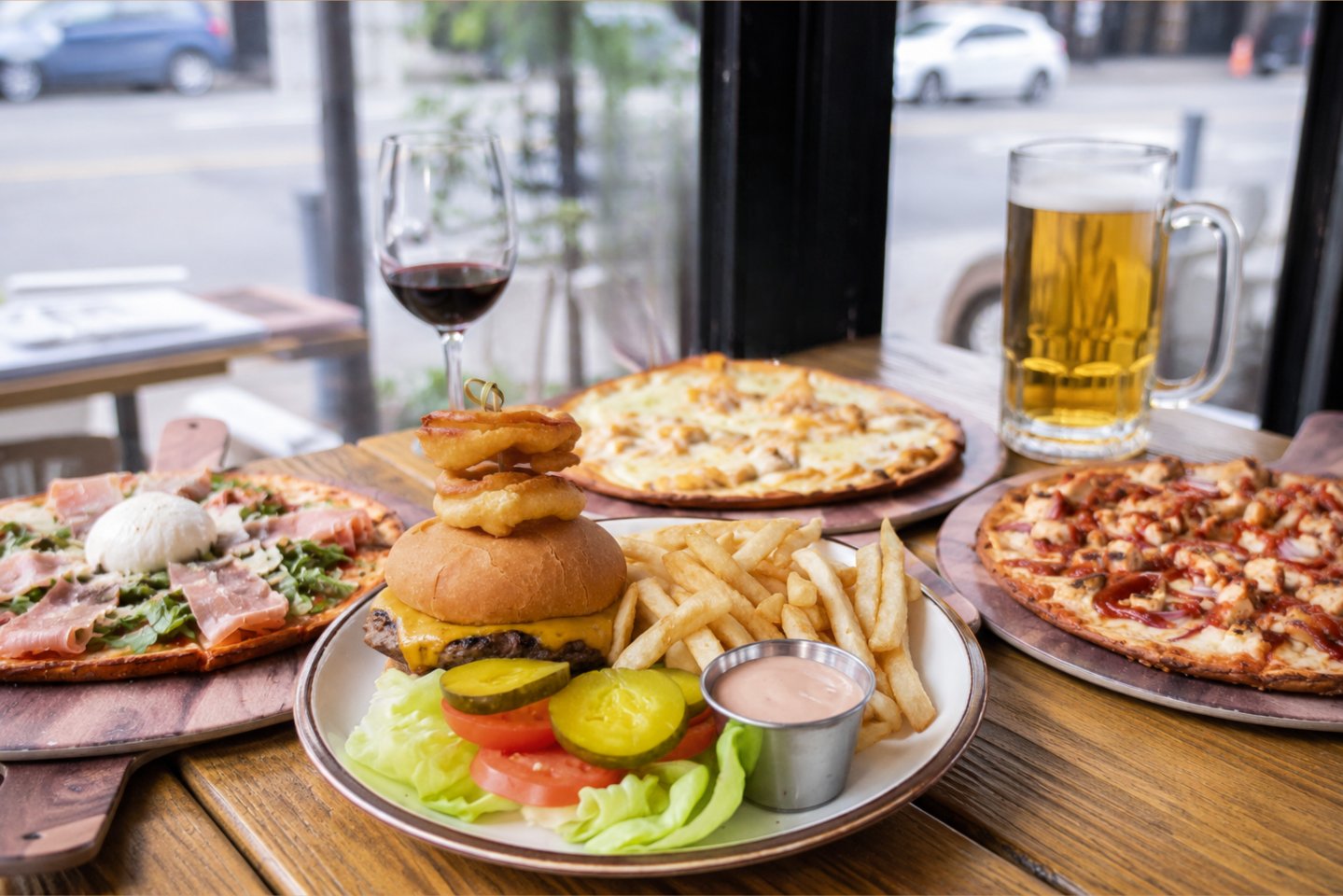 A table spread at Wild Park Slope featuring a Wild Burger with fries, gluten-free pizzas, red wine, and beer by the restaurant window.