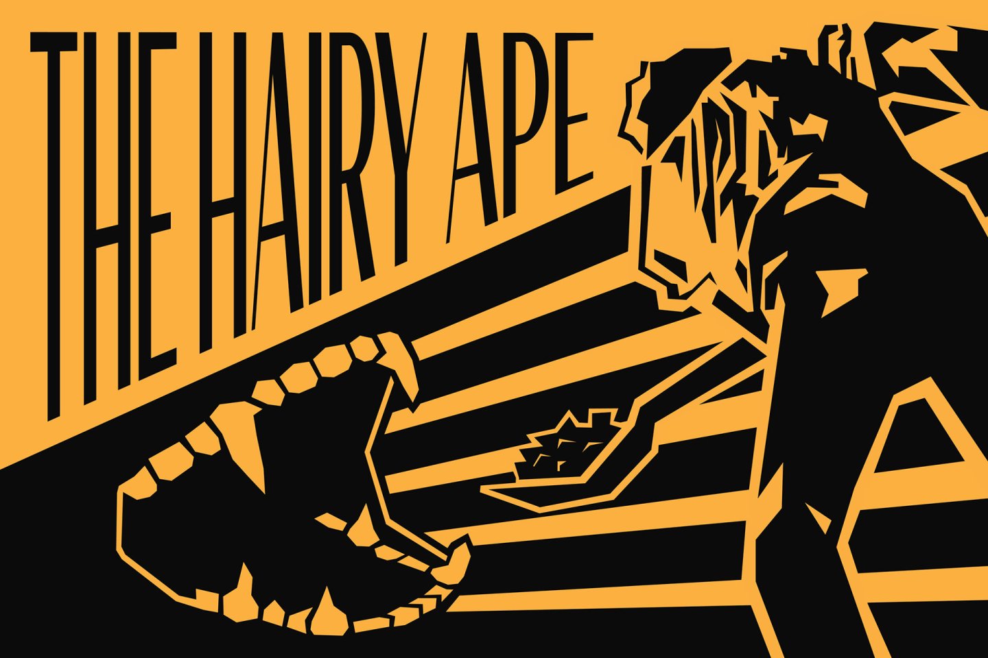 Stylized image for “The Hairy Ape” featuring bold black and orange lines. A large open ape’s mouth faces a muscular figure reaching out, with sharp contrasts and dynamic angles suggesting intensity and confrontation.