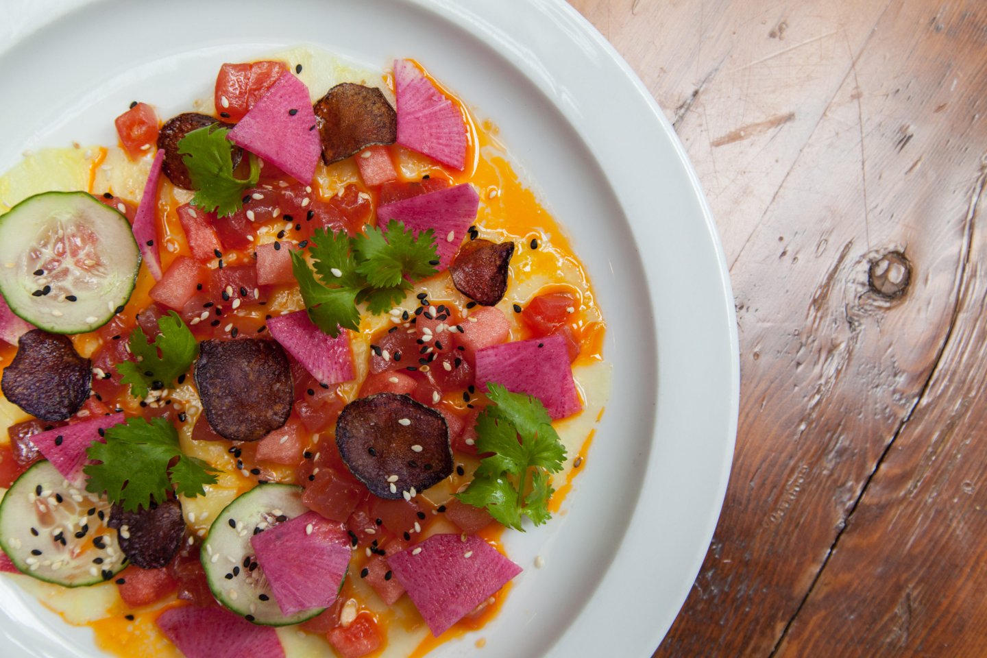 David Burke Kitchen, pineapple carpaccio, tuna tartare