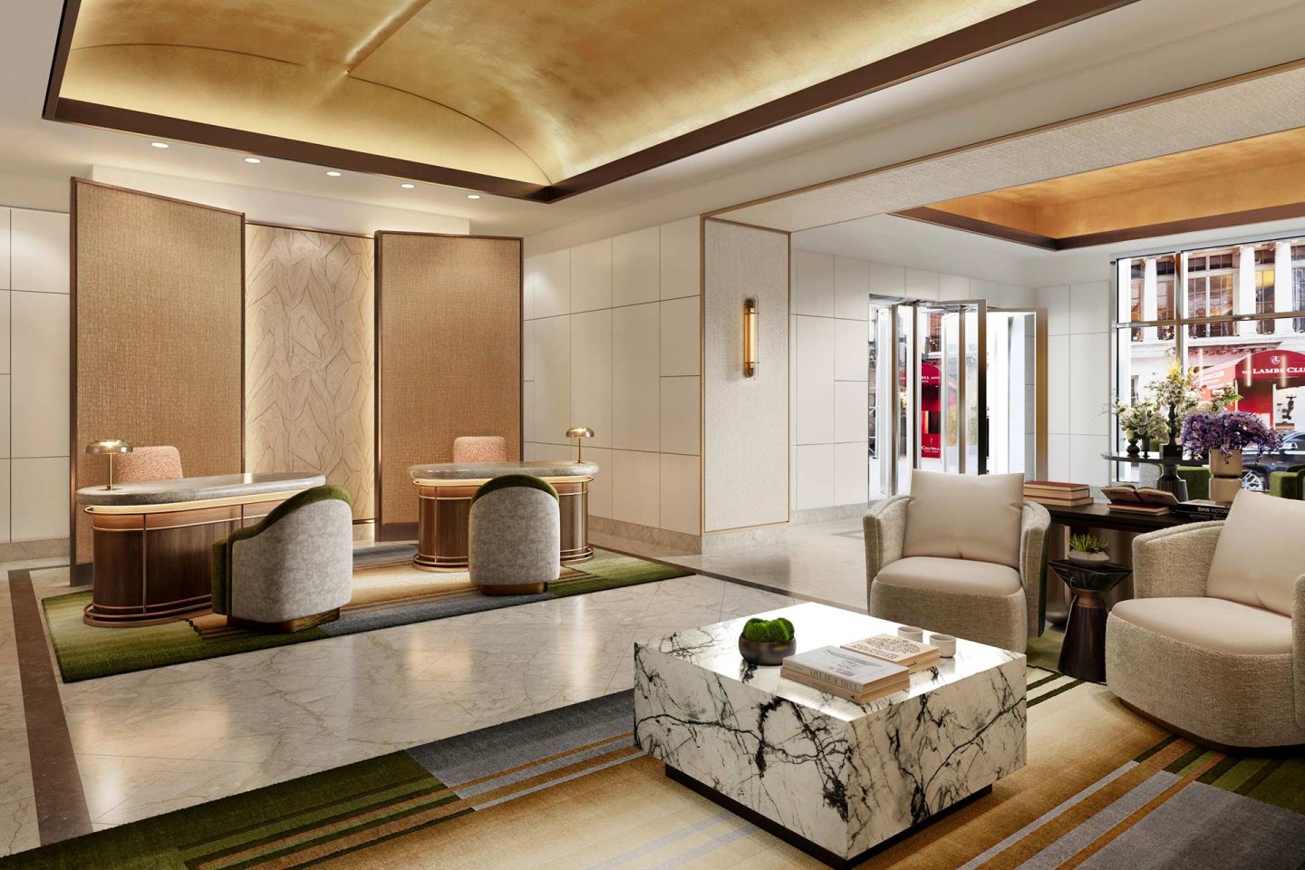 A luxurious hotel lobby with marble floors, elegant furniture, two reception desks, modern chairs, a marble coffee table, and large windows letting in natural light and offering a street view.