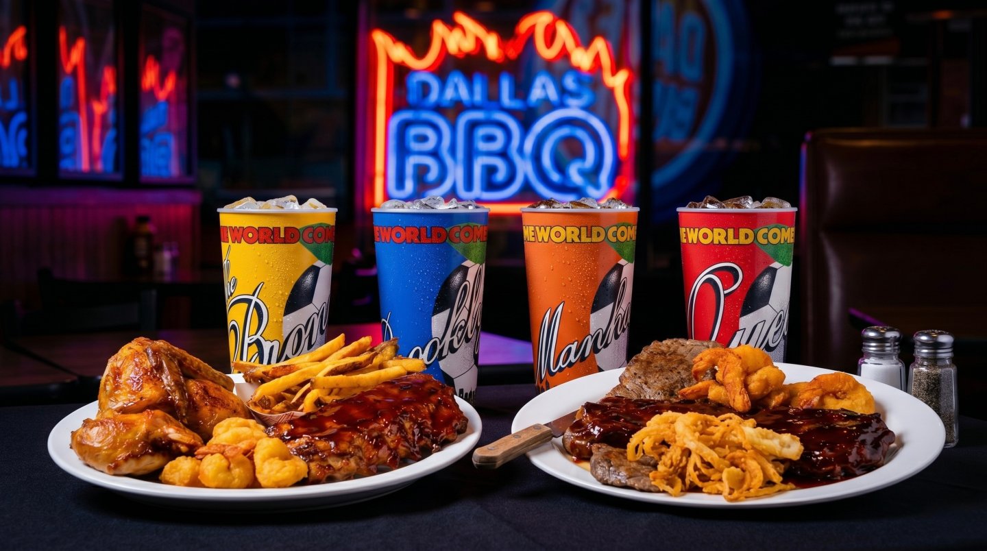 2 plates of texas sized combos with 4 limited edition cups with sodas