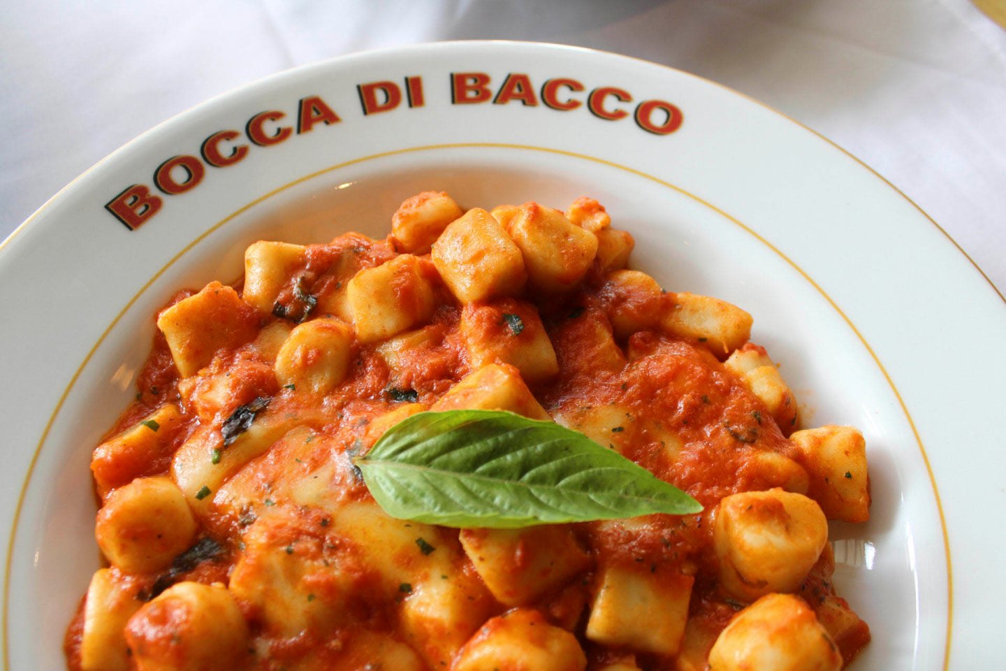 A plate of gnocchi in tomato sauce garnished with a fresh basil leaf, served on a white plate with "Bocca di Bacco" written around the rim. The dish is placed on a white tablecloth.