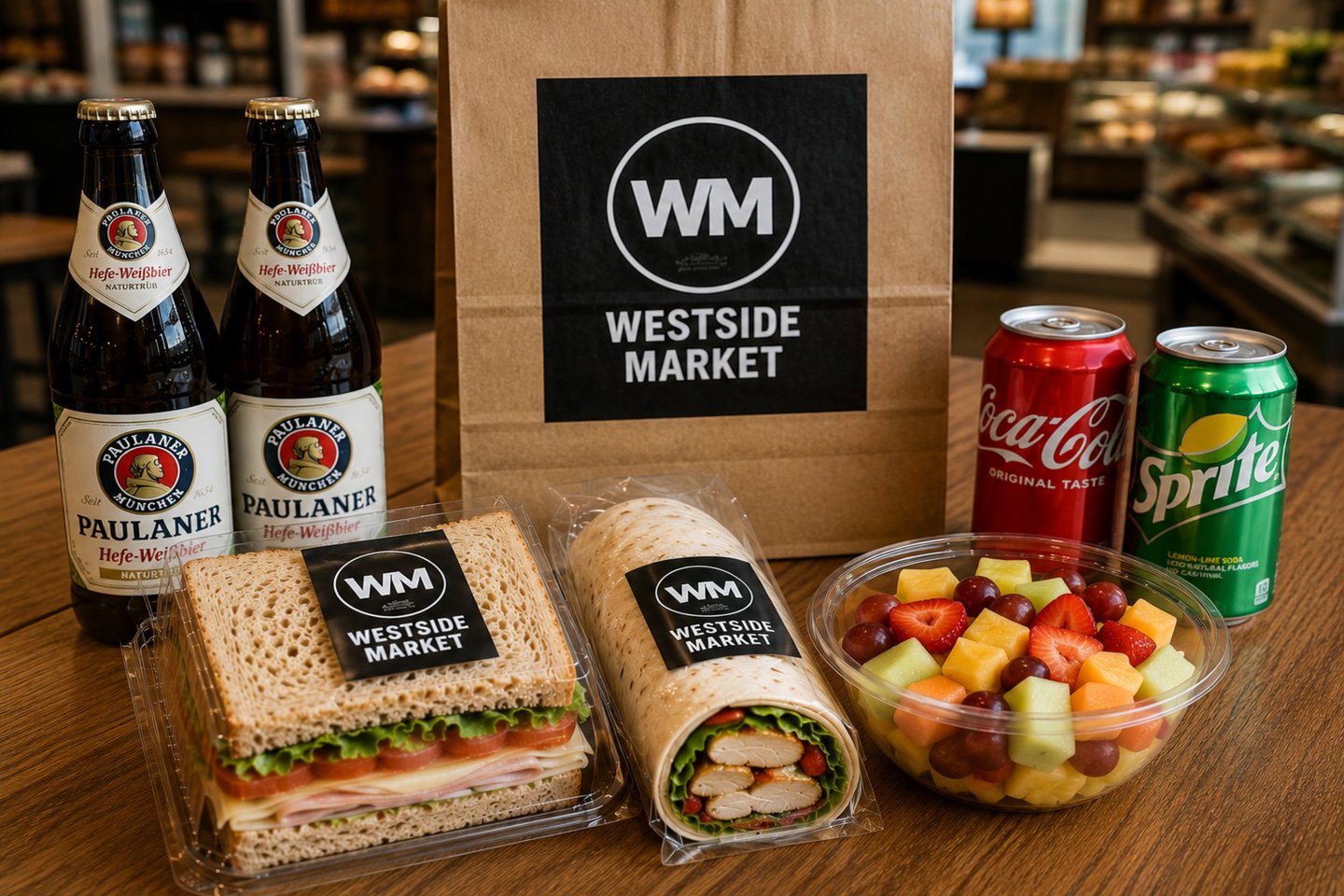 Westside Market Chelsea FIFA World Cup Special meal deal featuring fresh grab-and-go sandwiches, Paulaner beer, soft drinks, and fruit salad in New York City.