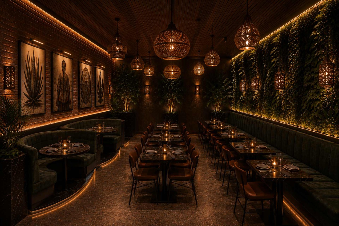 A dimly lit, elegant restaurant with dark wood decor, green velvet seating, hanging lanterns, a lush plant wall, and artistic portraits on a brick wall, creating a cozy and sophisticated atmosphere.
