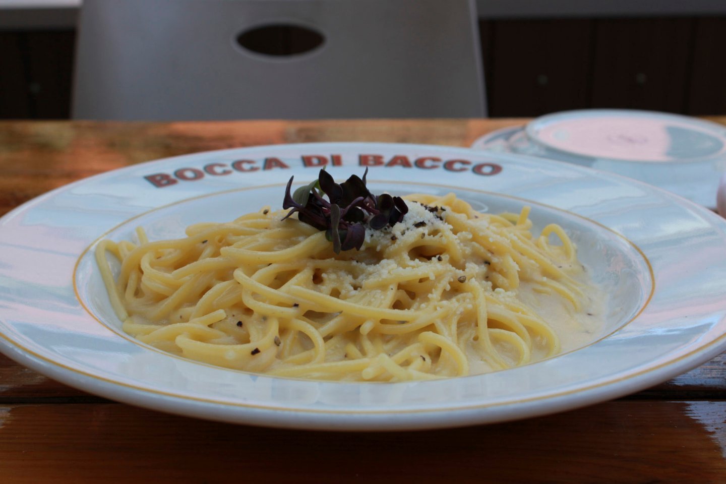 Plate of creamy spaghetti garnished with herbs and grated cheese, placed in a white dish with "BOCCA DI BACCO" written on the rim. The dish is set on a wooden table with a blurred background.