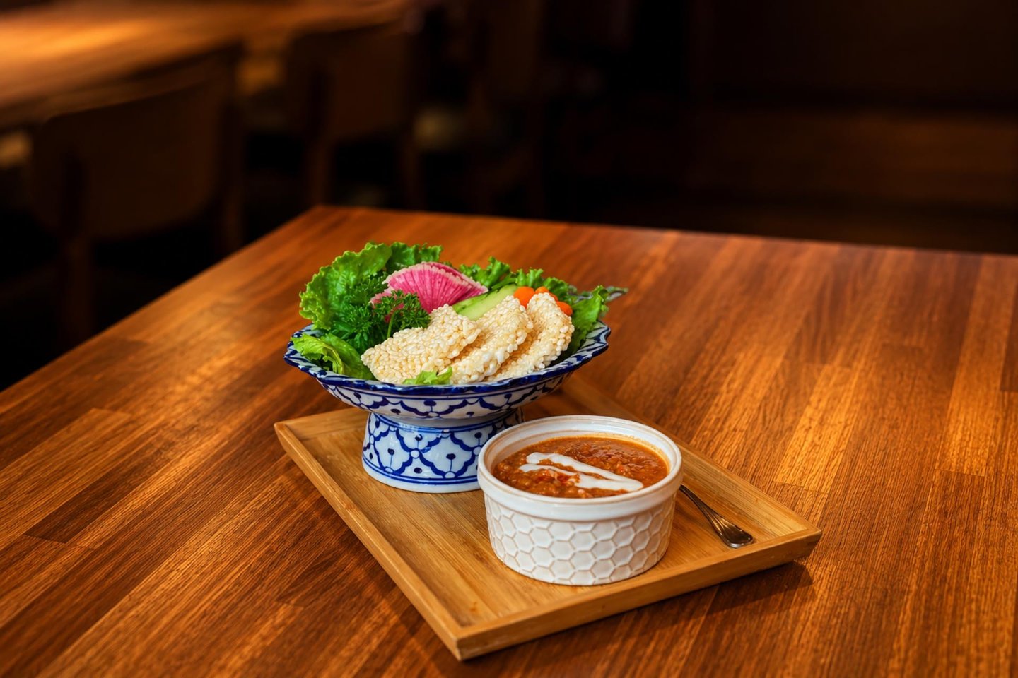 A bowl of fresh vegetables and crispy rice cakes is served with a small dish of creamy orange dip on a wooden tray, set on a polished wooden table.