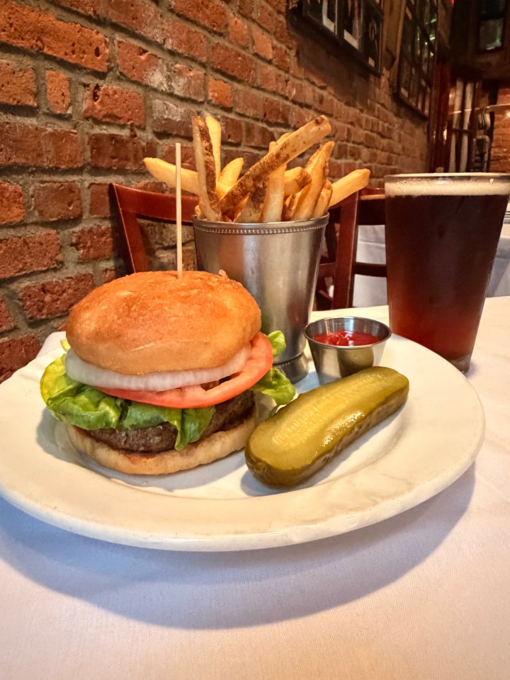 Char Grilled Hamburger with Fries & a Pete's 1864 Ale