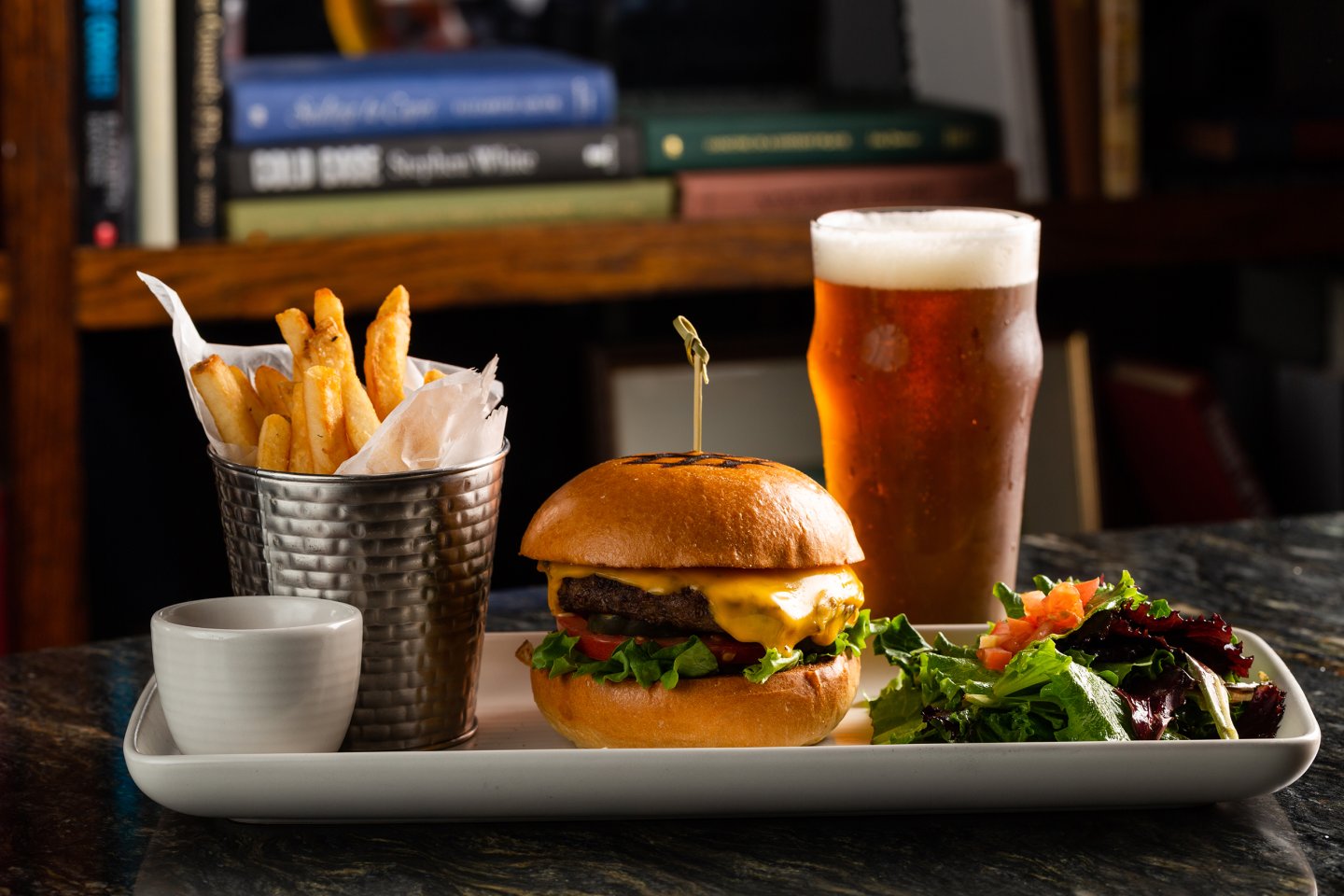 Maggie's Burger with fries and a Draft Beer of choice