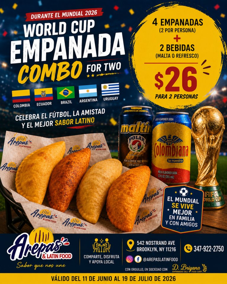 World Cup Combo for Two with four empanadas, two drinks and an official World Cup 2026 cup at Arepa’s Latin Food in Brooklyn.