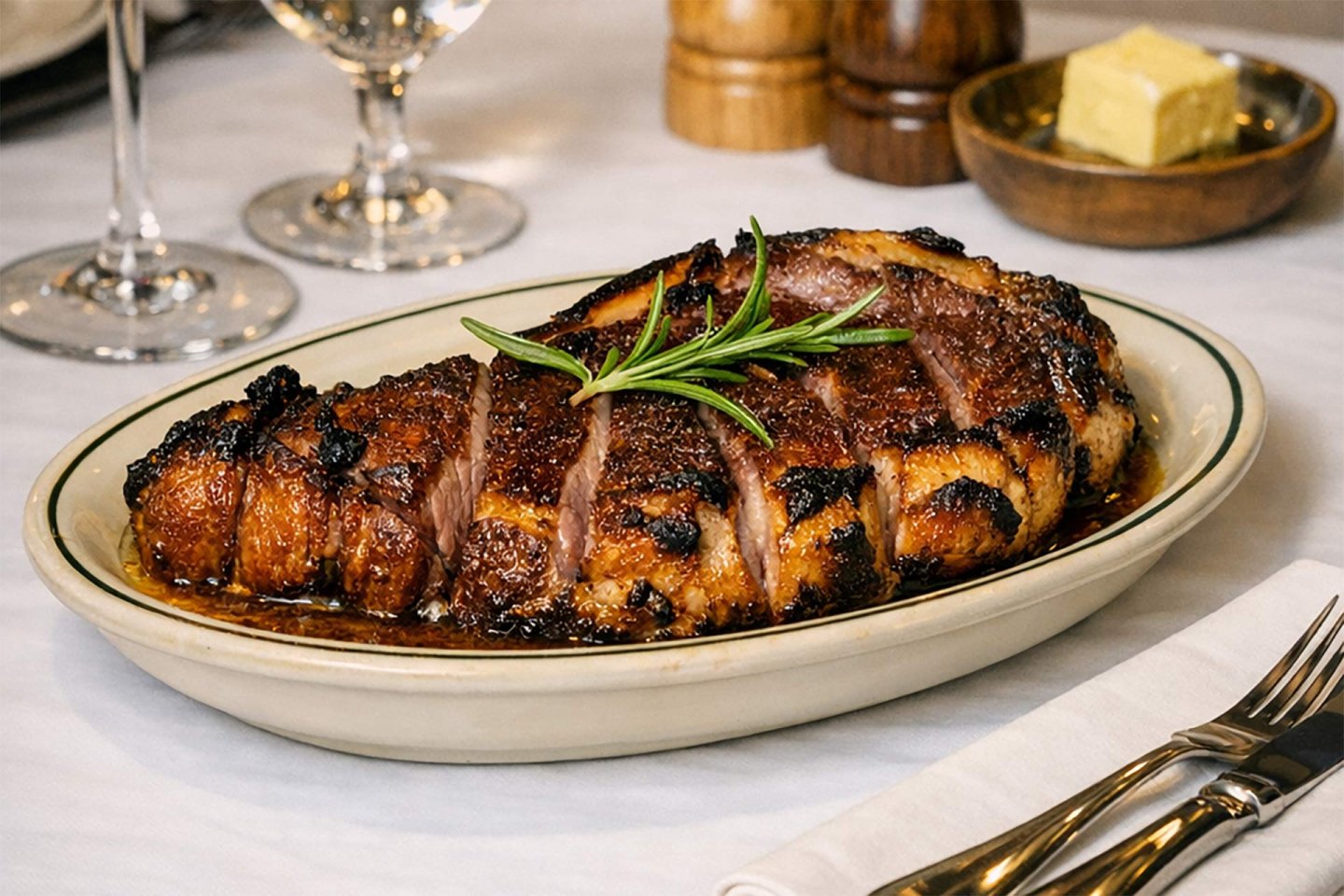 A sliced, roasted steak garnished with a sprig of rosemary sits on a white oval plate. The meat is seared and juicy. Nearby are wine glasses, folded napkin with cutlery, and a dish with butter.